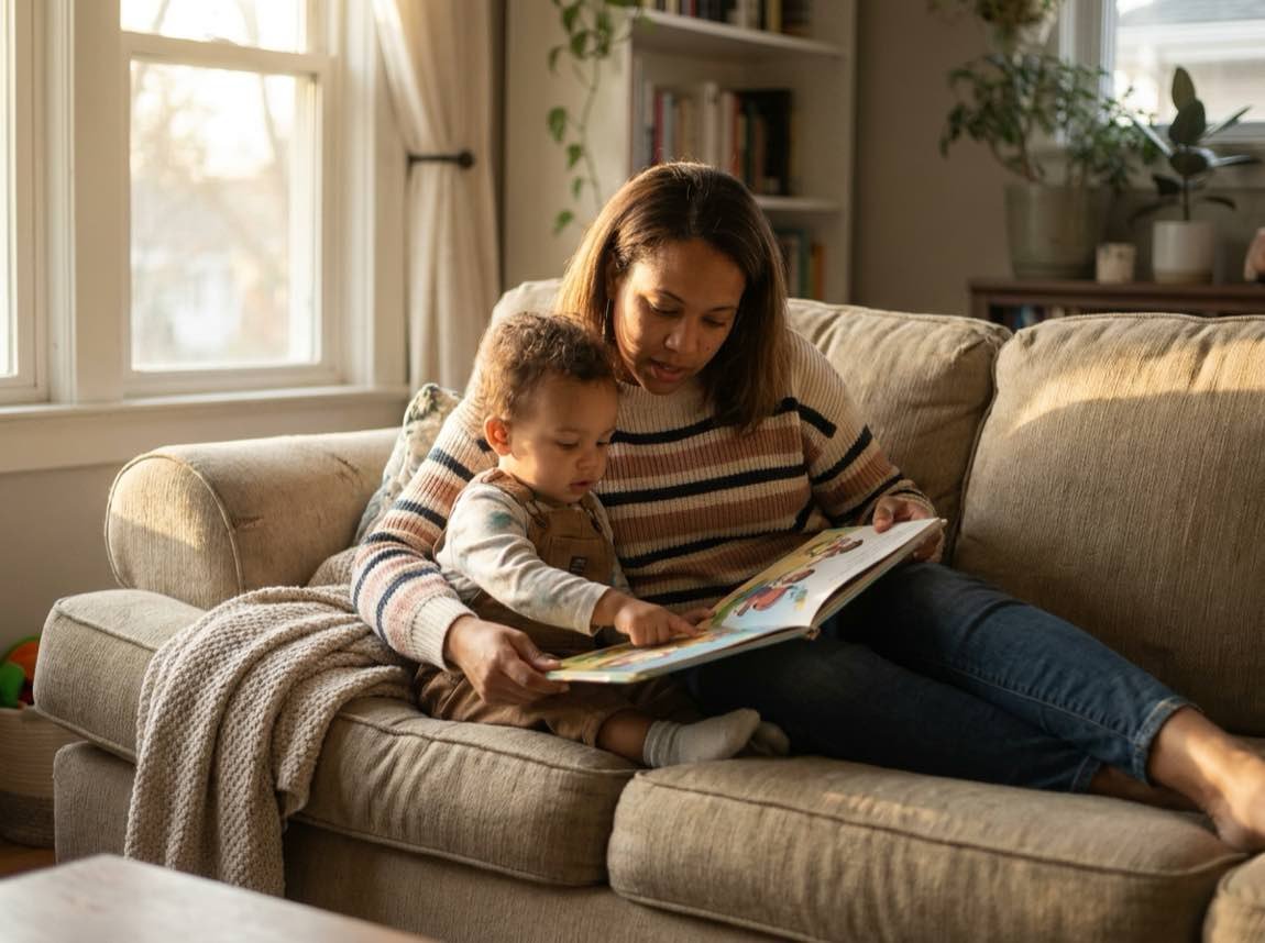 A caregiver reading a picture book with a toddler curled up beside her on a couch.