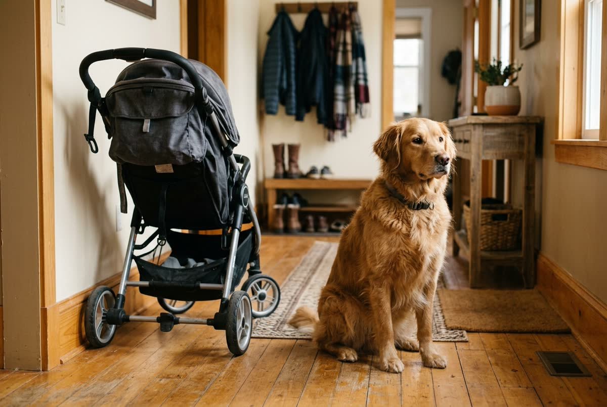 A stroller parked by the coat hooks in a front hallway, with the family dog sitting beside it.
